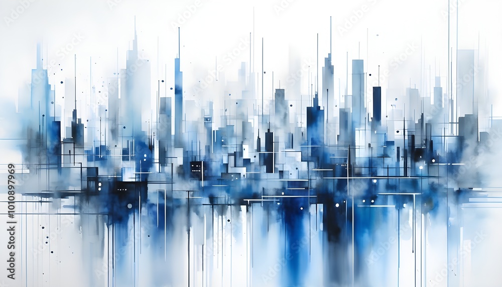 Wall mural abstract watercolor cityscape in gray and blue tones with intricate AI-generated designs