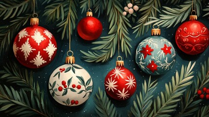 Festive Christmas Ornaments on Tree Branches with Colorful Holiday Decorations
