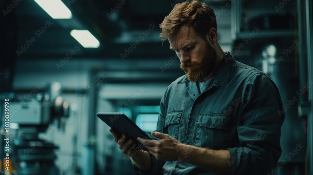 Poster A focused man in work attire examines a tablet in an industrial setting.