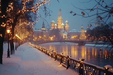 Enchanting winter nights in moscow  stbasil s and pokrovsky cathedrals illuminate red square