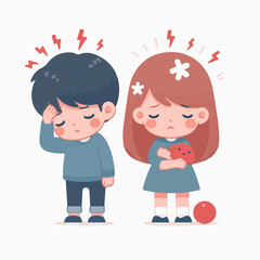 children with headaches flat illustration