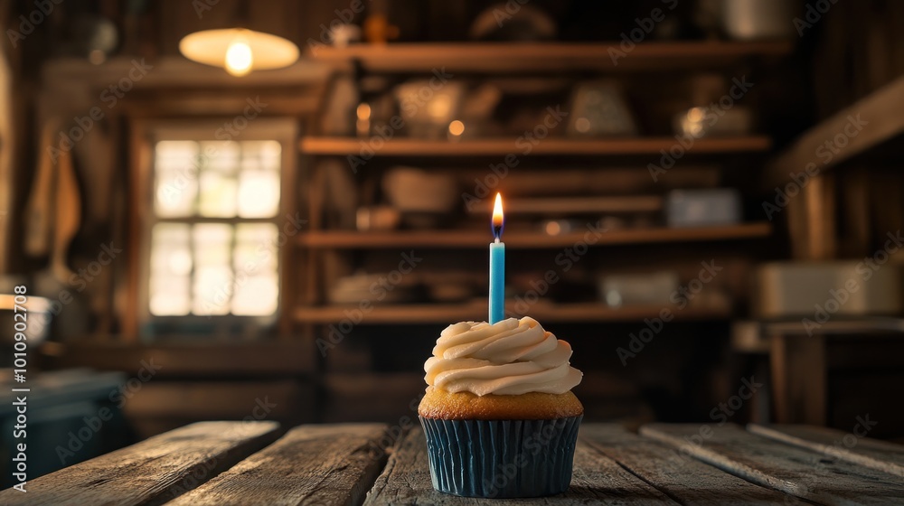 Wall mural A cupcake with a lit blue candle sits on a rustic wooden table in a cozy setting.