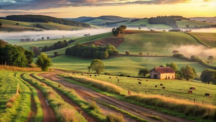 Fototapeta premium Rustic Wooden Fence Along Serene Landscape at Sunset