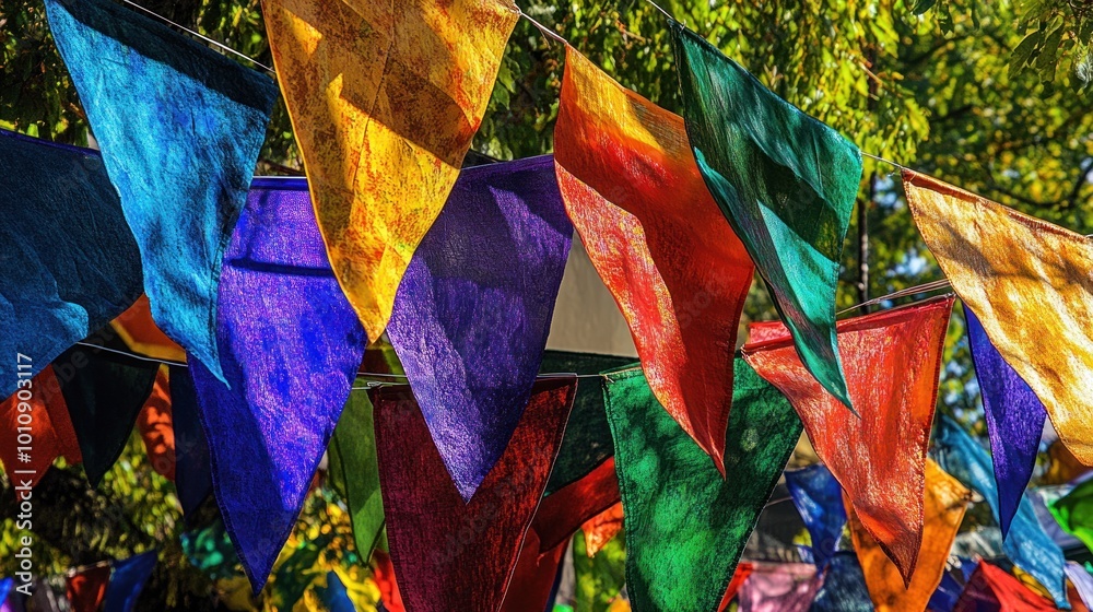 Wall mural Colorful fabric flags hanging in a festive outdoor setting.