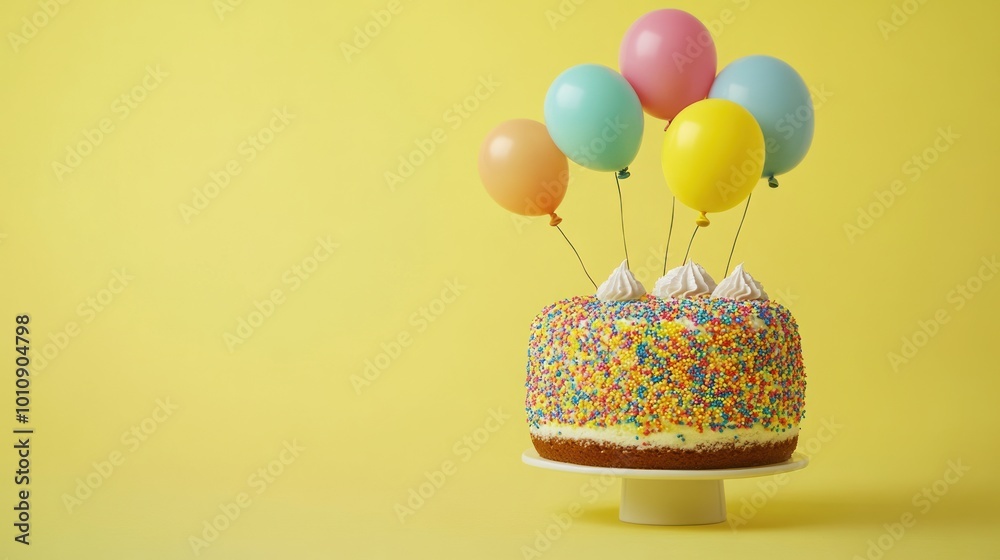 Poster A colorful birthday cake with balloons, perfect for celebrations.