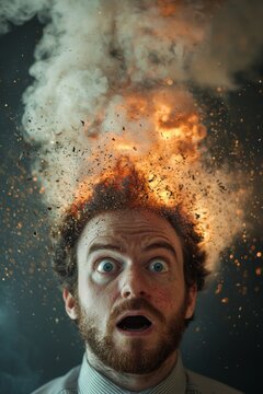 A man with an exploding head, looking at the camera with a confused expression on his face. With smoke coming out from his exploding head 