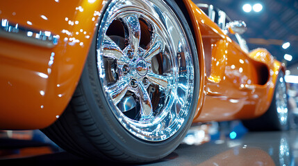 orange sports car showcasing polished chrome and sleek tires at an auto show shows off its...