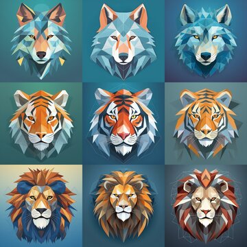 A collection of geometric animal portraits with a blue, green, and orange color scheme.