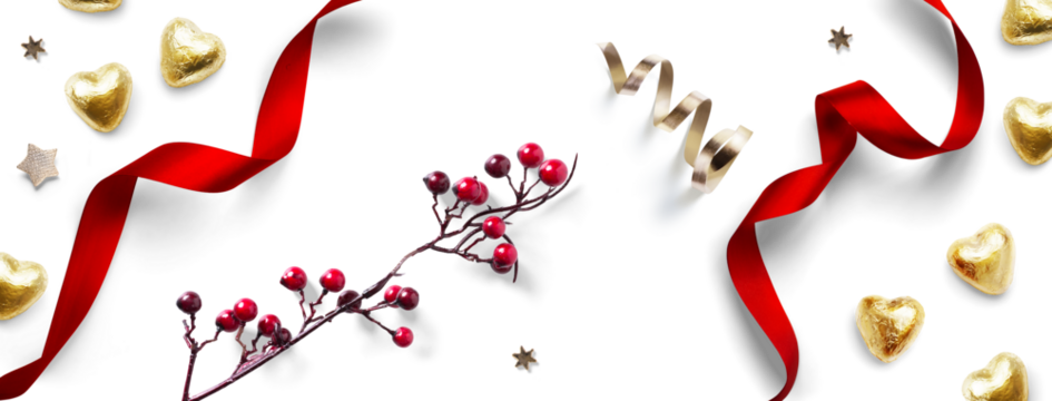 Design elements for Christmas background. Christmas Berry branch Golden candies and red ribbon on transparent background, flat lay, clipping path, real soft transparent shadow. PNG