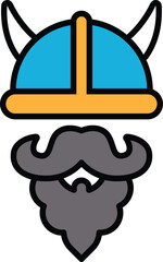 A man with a beard and a Viking helmet. The helmet is blue and yellow. The man is wearing a beard and the helmet is on his head