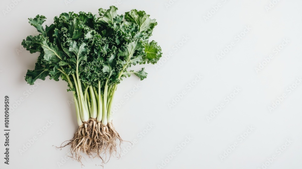 Poster Fresh kale with roots, showcasing its natural state and vibrant green leaves.