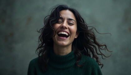 Woman with Dark Hair Laughing Against Textured Background