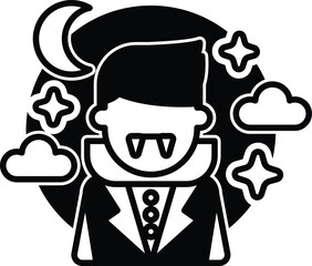 Fototapeta premium A vampire with a cape and glasses is standing in front of a moon. The moon is surrounded by clouds, and there are stars in the sky. The vampire has a red cape and a red collar