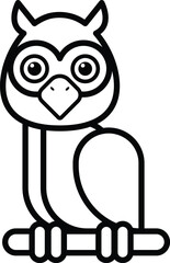 A cartoon owl with white and black feathers sits on a branch. The owl has a big, curious look on its face