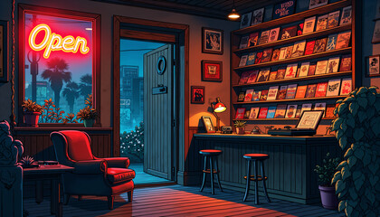 Retro Record Store with Open Sign and Vintage Decor