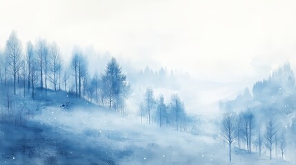 A serene, misty winter forest on a hill evokes calm solitude in a tranquil blue landscape.