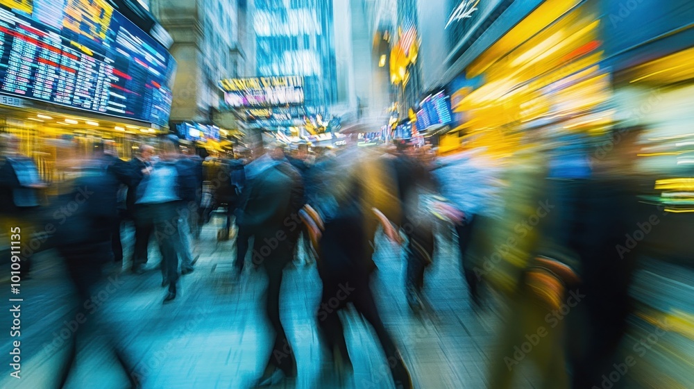 Canvas Prints A bustling city scene with blurred figures, capturing the energy of urban life.