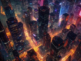 Nighttime Cityscape with Fog and Lights