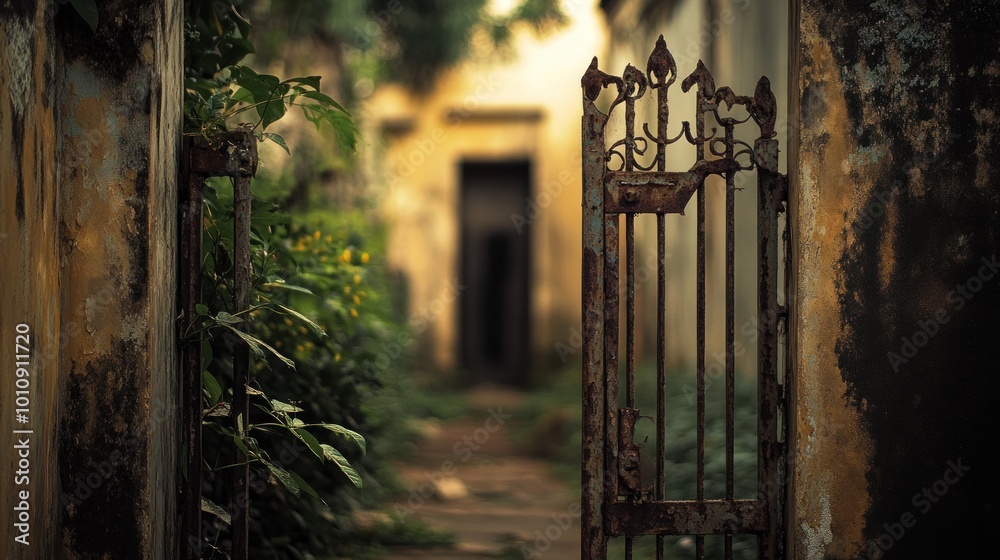 Sticker A weathered gate leads into a lush, overgrown pathway, hinting at forgotten spaces.