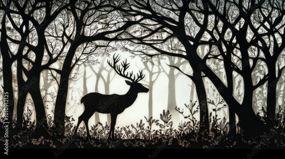 Wall mural A silhouette of a deer amidst a misty forest, showcasing nature's beauty and tranquility.