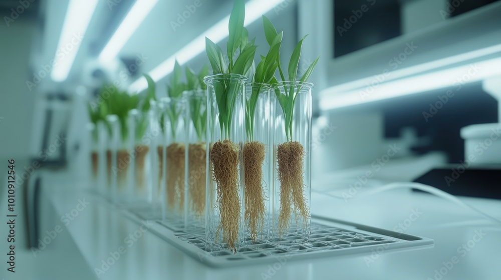 Canvas Prints Laboratory setup with plant specimens in glass tubes showcasing root growth.