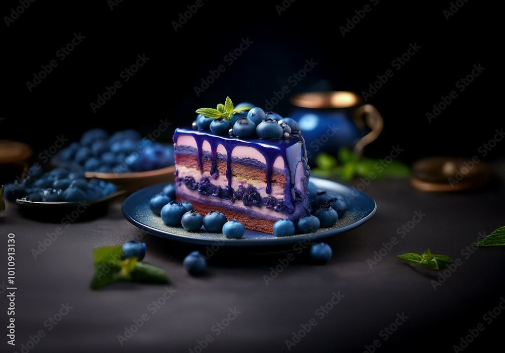 Poster a single slice of cake topped with blueberries and a sprig of mint rests on a blue plate with more b