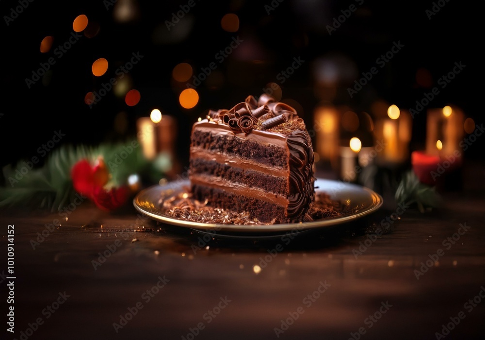 Poster A single slice of chocolate cake with chocolate frosting on a plate with a dark background with out of focus warm lights.