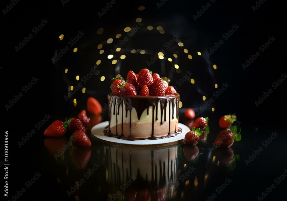 Poster A chocolate cake with dripping chocolate frosting is topped with fresh strawberries and surrounded by more strawberries on a dark reflective surface with an out-of-focus background of sparkling lights