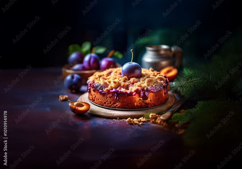 Poster a plum cake with a crumb topping and a shiny purple glaze sits on a wooden board, surrounded by whol