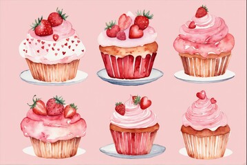 Watercolor illustration of six pink cupcakes with strawberry and heart toppings