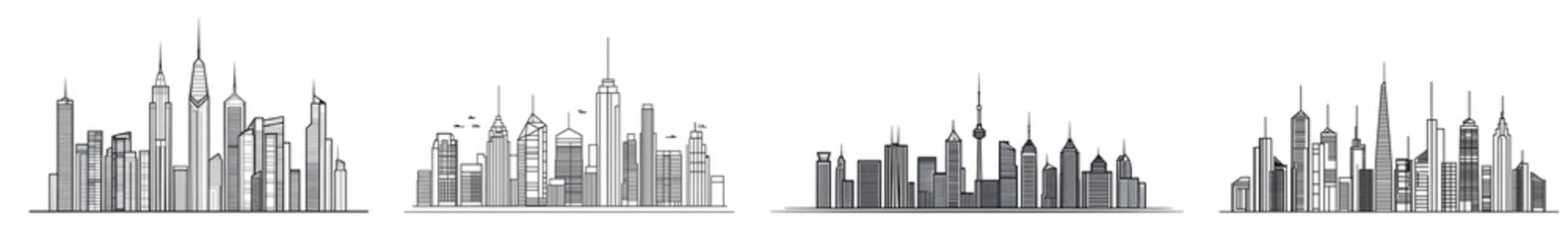 Naklejka premium city skyline illustration featuring various iconic buildings and structures transparent background