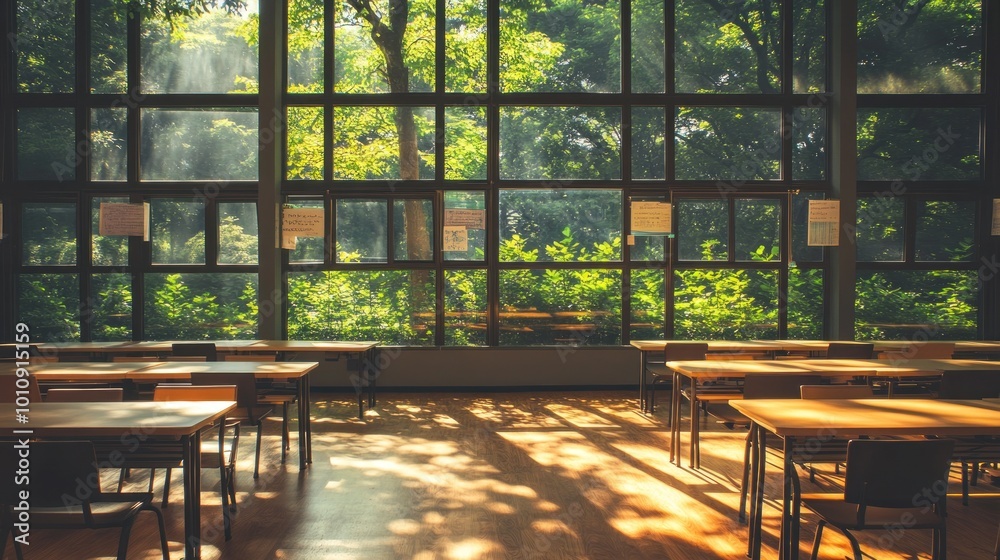 Wall mural A serene classroom bathed in natural light, surrounded by lush greenery outside.