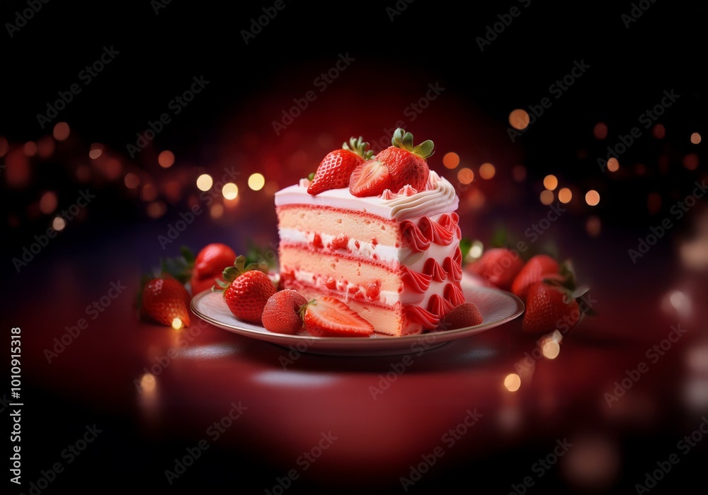Poster a slice of strawberry cake sits on a plate surrounded by strawberries and a bokeh of light.