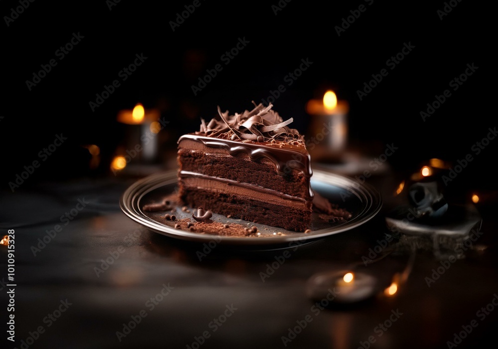Poster A slice of chocolate cake with chocolate ganache sits on a plate in front of a dark background with small orange lights.