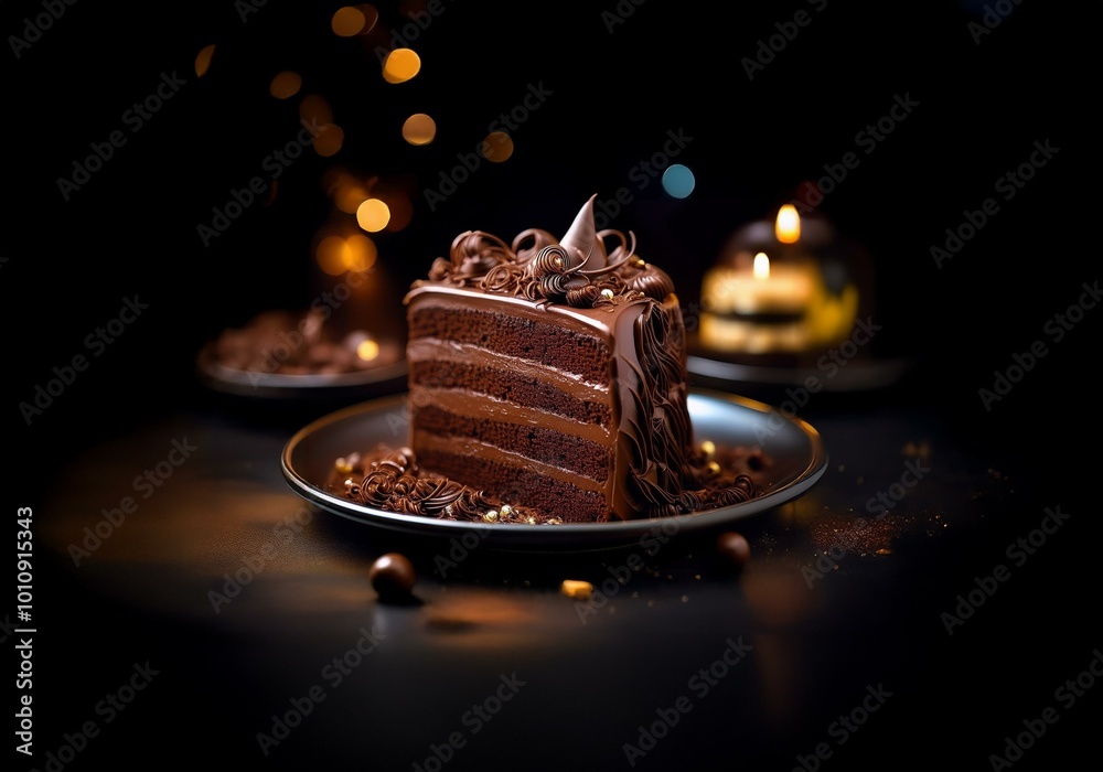 Poster a single slice of chocolate cake with decadent frosting sits on a black plate. the cake is adorned w