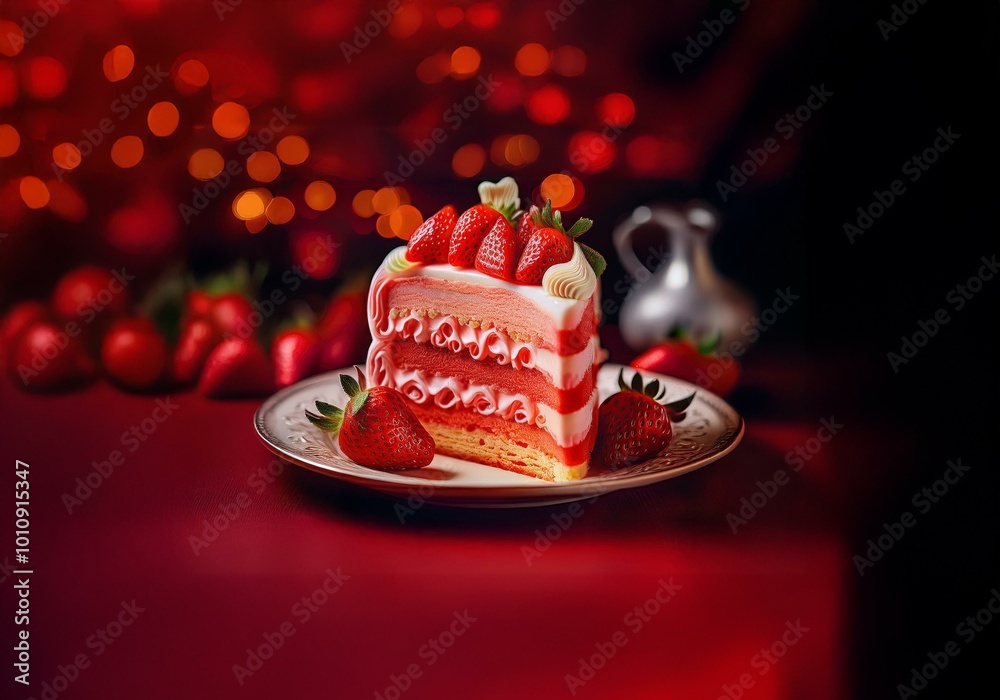 Poster a slice of strawberry cake on a white plate with red background and blurred lights.