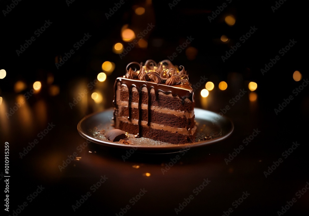 Poster A slice of chocolate cake with chocolate frosting and a drizzle of chocolate on a plate.  The cake is in front of a blurry background of warm lights.