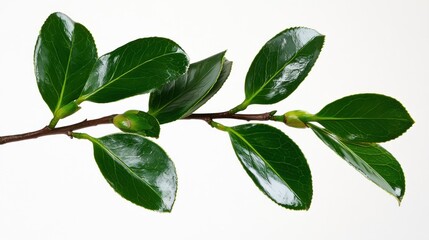 A branch with glossy green leaves and buds against a light background.