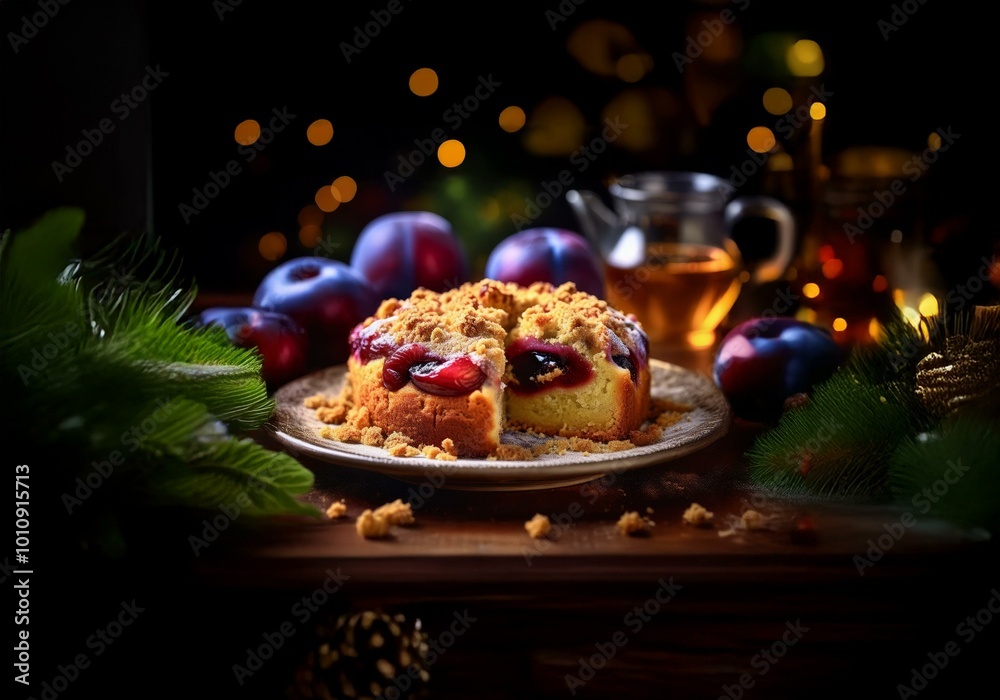 Poster a slice of fruit cake topped with crumble sits on a plate surrounded by plums and greenery, illumina
