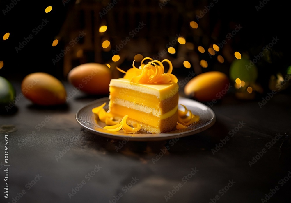 Aufkleber a slice of layered cake on a plate, with a swirl of mango on top, sits on a black surface with out o