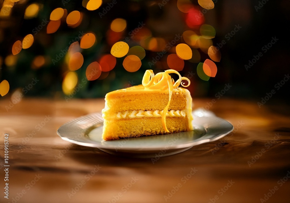 Poster a slice of cake with orange zest and a creamy filling sits on a white plate against a blurred backgr