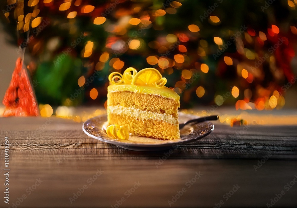 Aufkleber a slice of cake with lemon zest on top on a plate with a blurred out background of christmas lights.