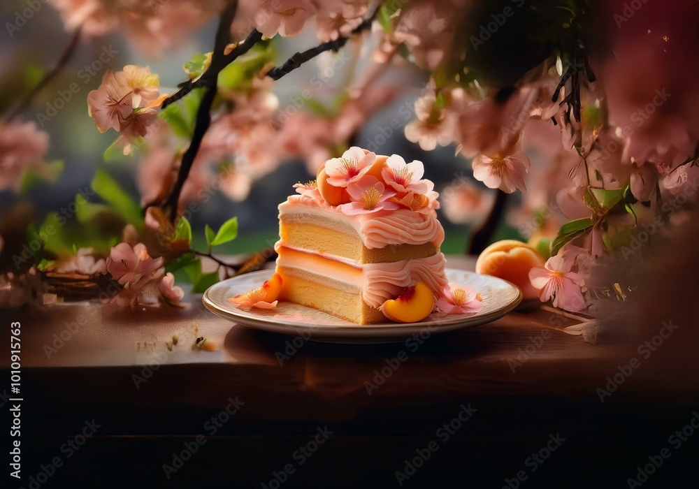 Poster a slice of cake with pink frosting and peach slices is sitting on a white plate, resting on a wooden
