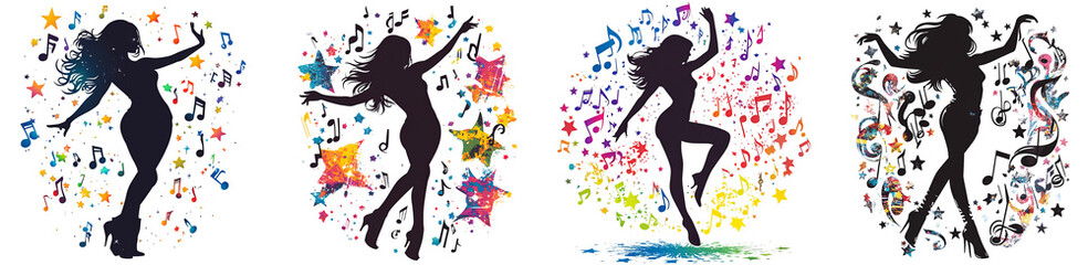Colorful silhouettes dancing surrounded by vibrant stars music notes transparent background