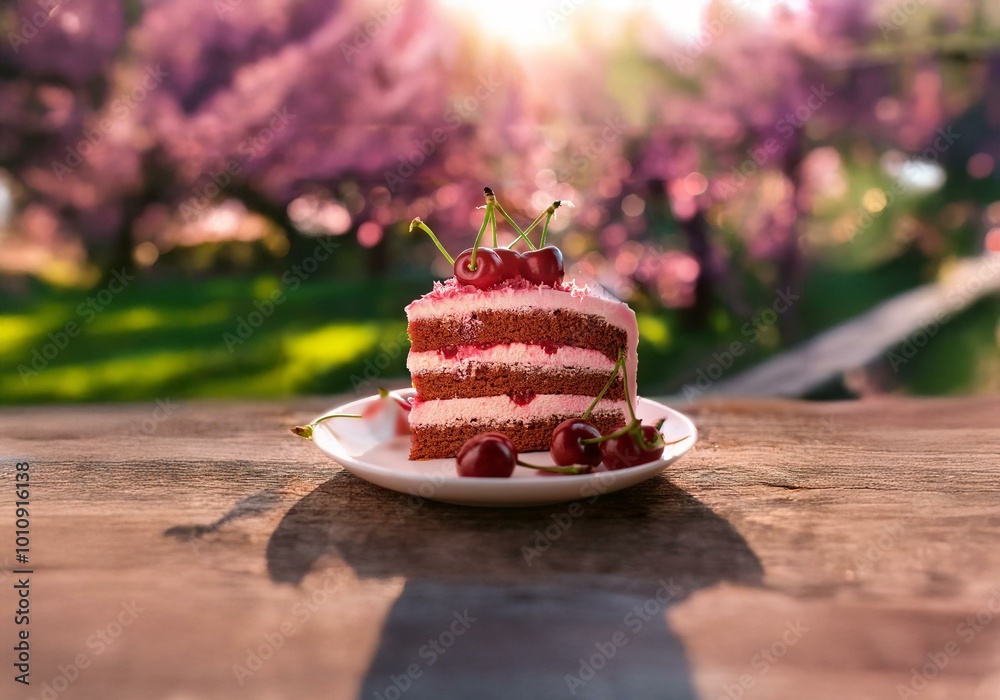 Poster a slice of cake with cherry topping on a white plate sits on a wooden table in a sunlit setting.