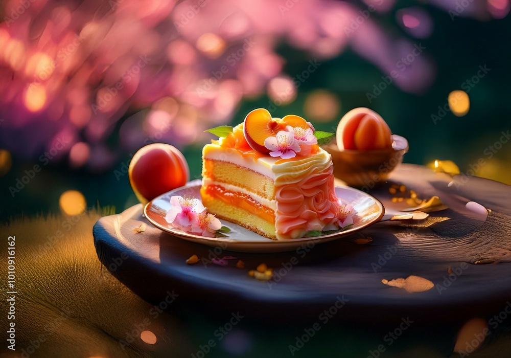Poster a slice of cake topped with fruit and flowers rests on a plate and wooden surface, surrounded by a b