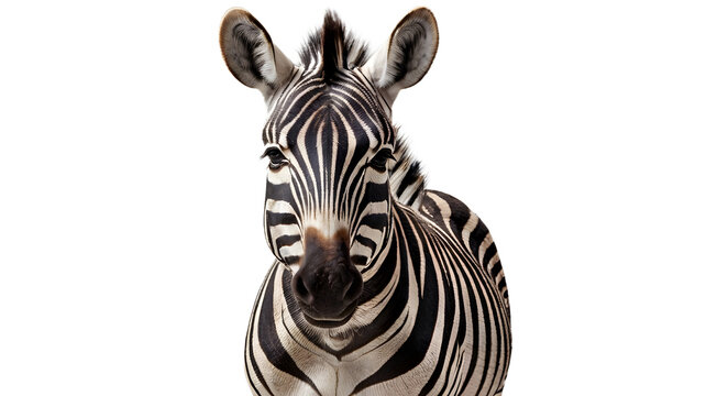 A zebra close-up front view with black and white stripes isolated on white, transparent background png 