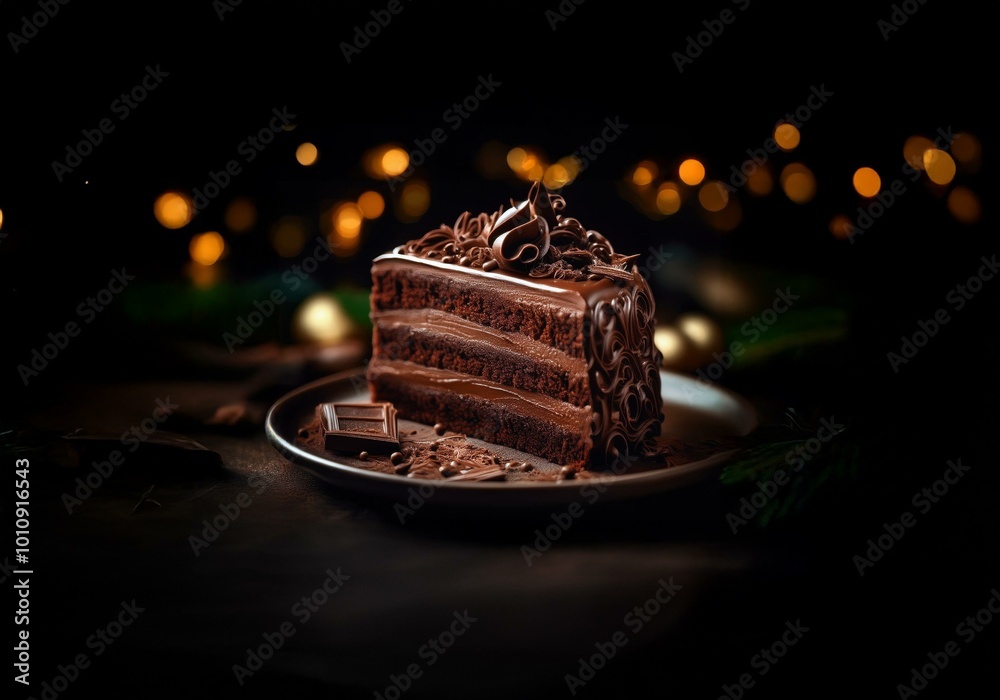 Aufkleber a decadent chocolate cake with swirls of frosting sits on a plate with a blurred background of warm 