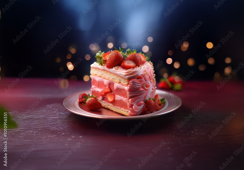 Poster A slice of strawberry cake with pink frosting sits on a plate against a dark background with bokeh lights.