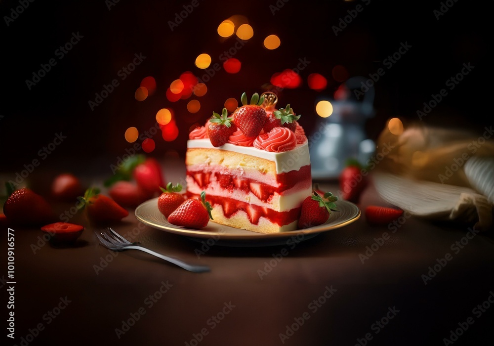 Poster a slice of strawberry cake is on a white plate with fresh strawberries around it. there is a fork be